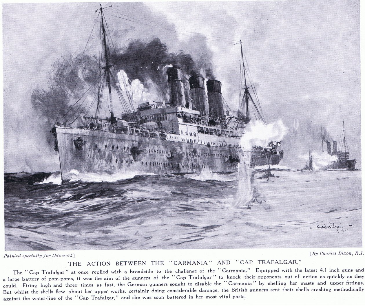 Die Aktion zwischen der Carmania und der Cap Trafalgar September 1914 von Charles Edward Dixon