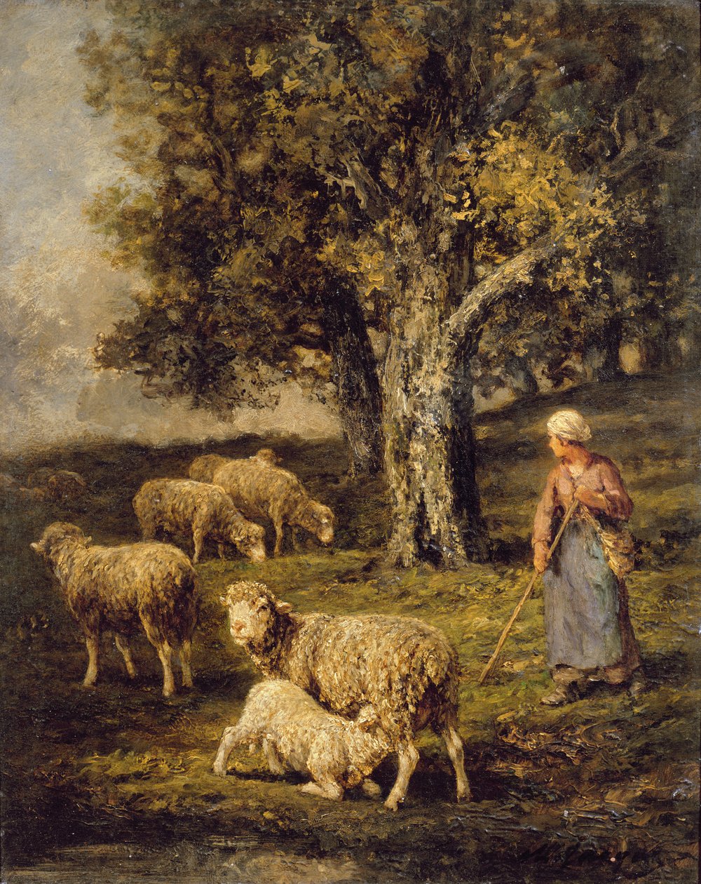 Eine Schäferin und Schafe in einer Barbizon-Landschaft von Charles Emile Jacque