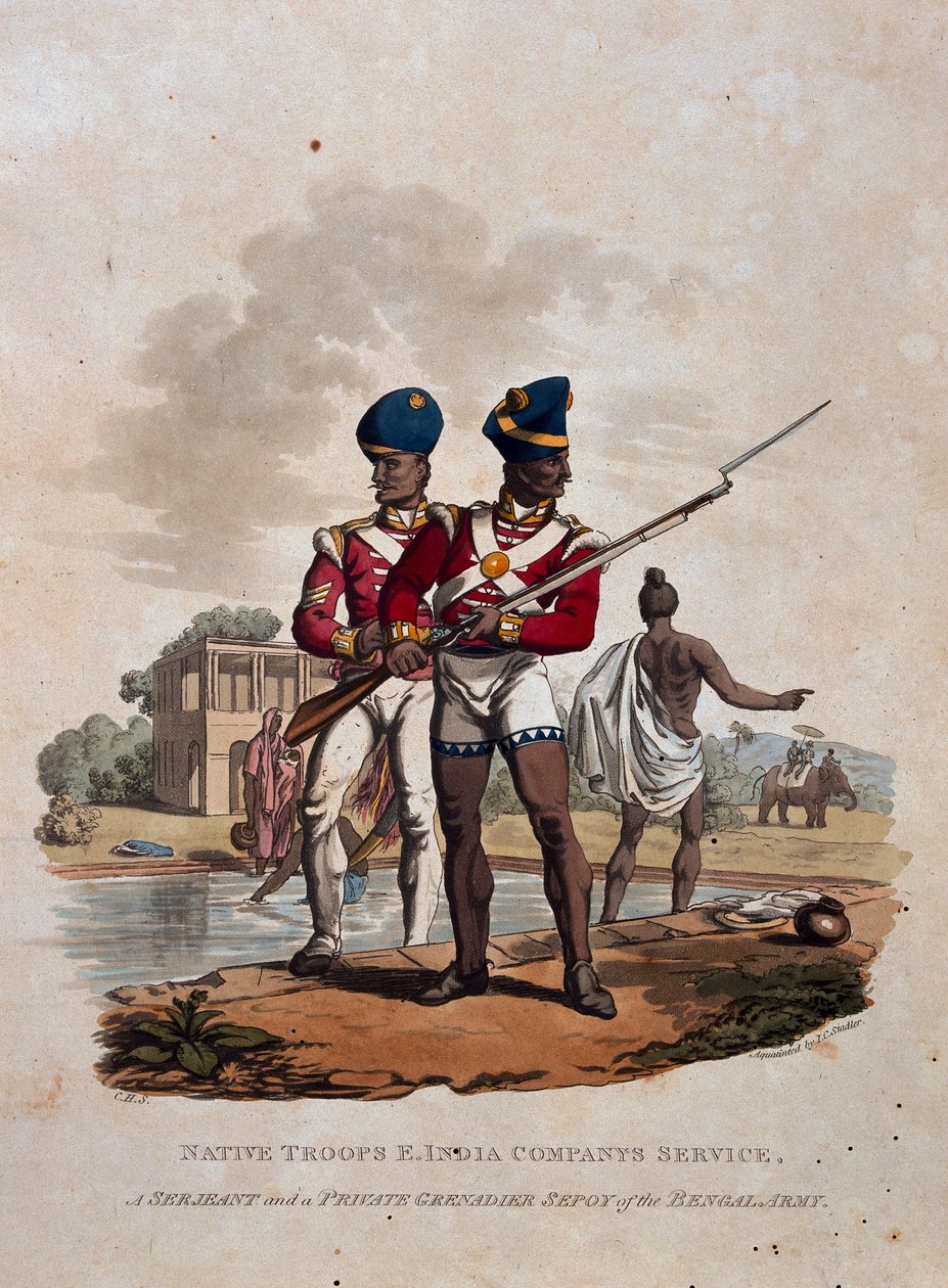 Einheimische Truppen, Dienst der Ostindien-Kompanie, ein Sergeant und ein privater Grenadier-Sepoy der bengalischen Armee, aus 