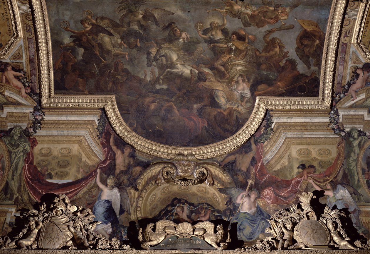 Übergang über den Rhein in Anwesenheit der Feinde 1672, Deckenmalerei aus der Galerie des Glaces von Charles Le Brun