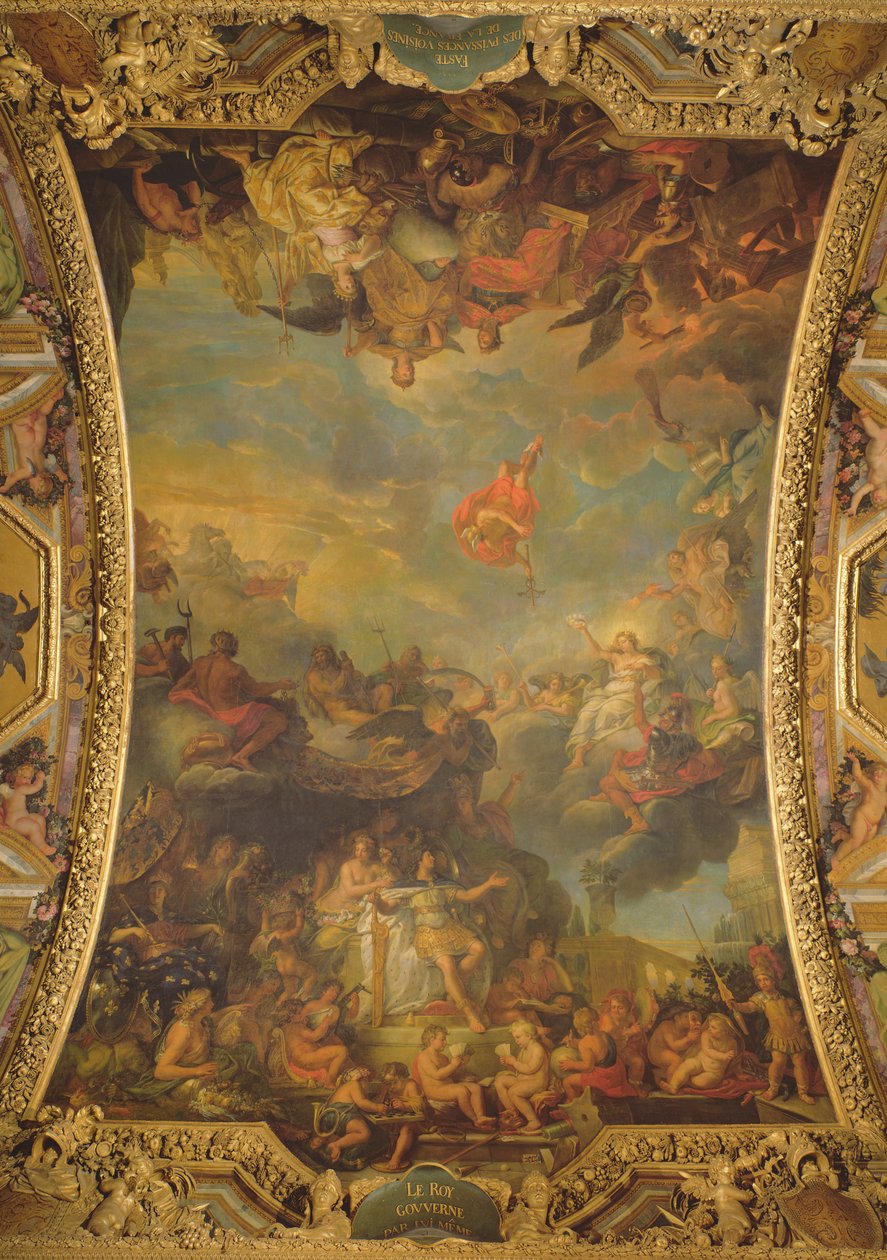 Ansicht von König Ludwig XIV. (1638-1715), der 1661 allein regiert und die wohlhabenden Nachbarmächte Frankreichs, Deckenmalerei aus der Galerie des Glaces von Charles Le Brun