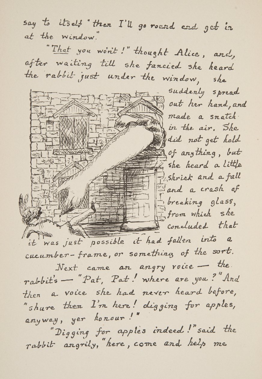 Alice versucht das Weiße Kaninchen zu fangen, Illustration aus Alice unter der Erde, veröffentlicht 1886 von Charles Lutwidge Dodgson