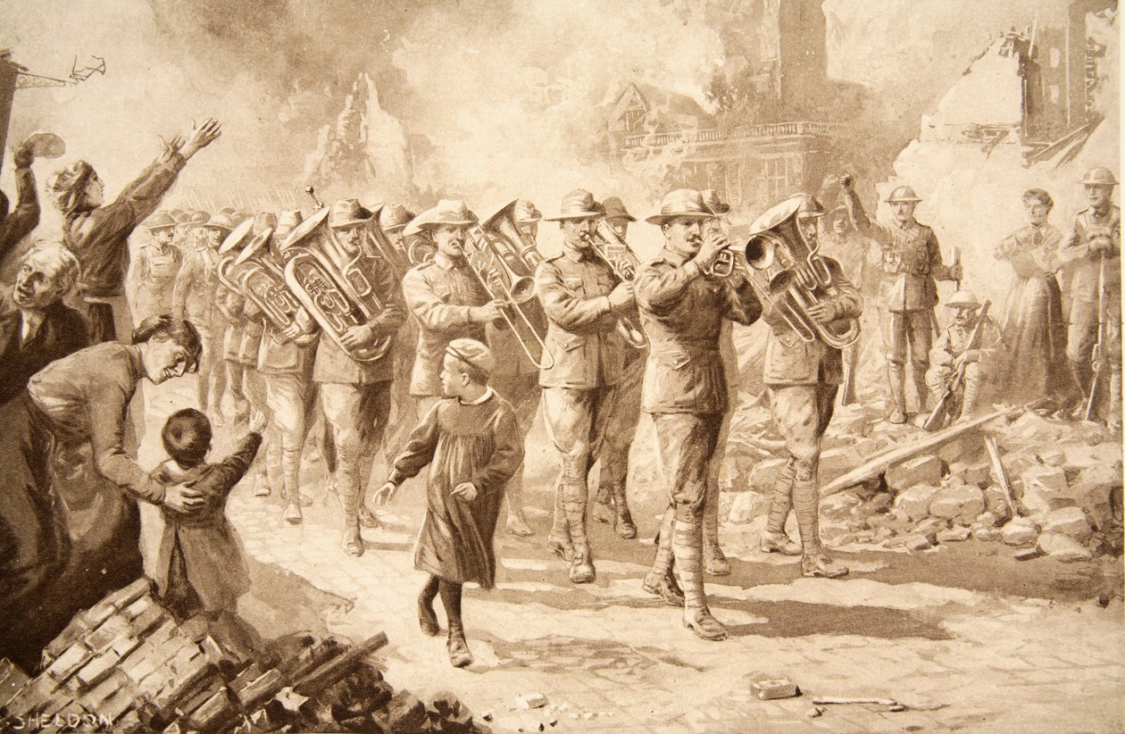 Die Musik des Triumphs: Siegreiche Australier betreten Bapaume, 17. März 1917 von Charles Mills Sheldon