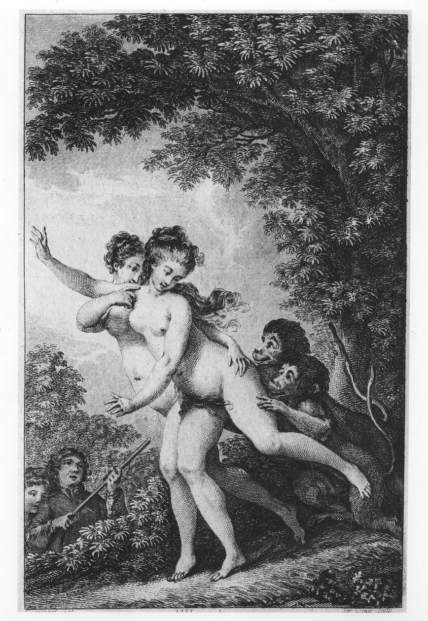 Die Schreie kamen von zwei jungen Frauen, die entkleidet über die Wiese liefen, während zwei Affen dicht an ihren Fersen folgten und an ihren Gliedern bissen, Illustration aus Kapitel 16 von 