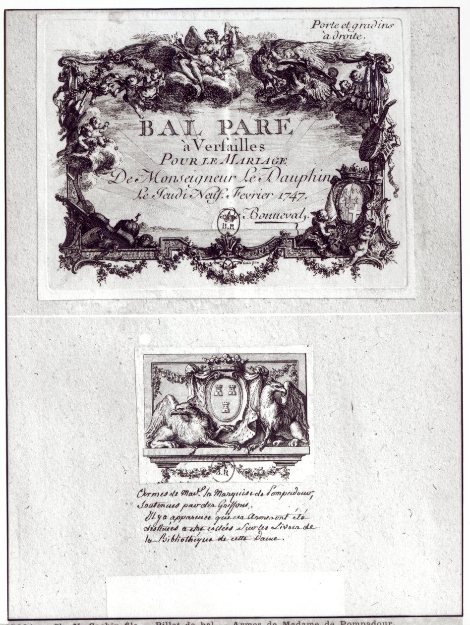 Eintrittskarte für den Ball in Versailles zur Hochzeit von Monseigneur le Dauphin, 9. Februar 1747 und Ex Libris mit den Waffen von Madame de Pompadour (1721-64) von Charles Nicolas II Cochin