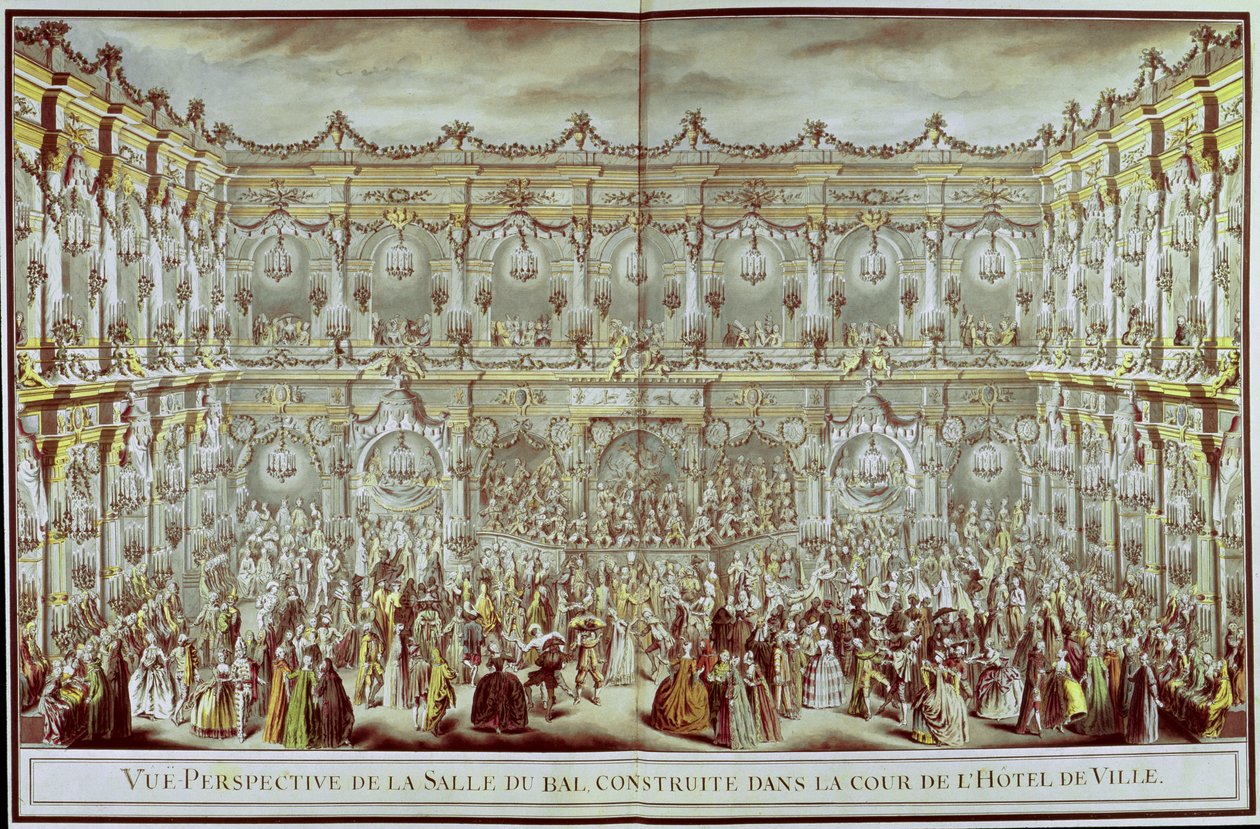 Perspektivische Ansicht des Ballsaals im Hof des Hôtel de Ville in Paris anlässlich der ersten Hochzeit des Dauphins mit Marie-Therese, Infantin von Spanien von Charles Nicolas II Cochin