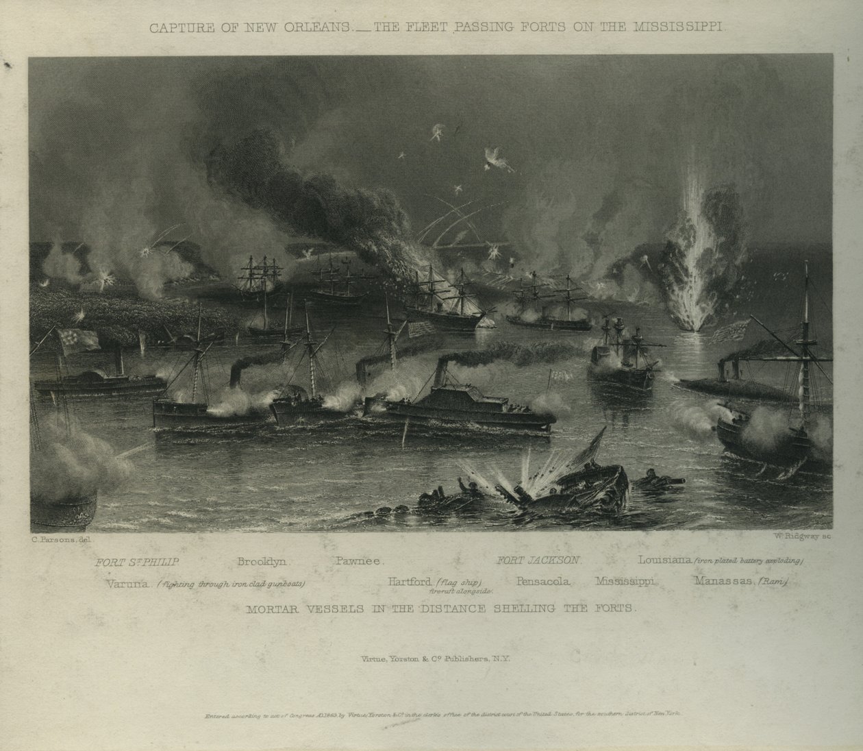 Eroberung von New Orleans: Die Flotte passiert Forts am Mississippi, ca. 1862 von Charles Parsons