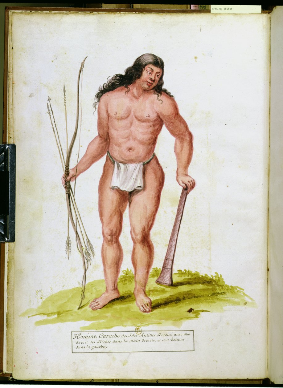 Ein Eingeborener der Karibik mit seinen Waffen, aus einem Manuskript über Pflanzen und Zivilisation in den Antillen, ca. 1686 von Charles Plumier