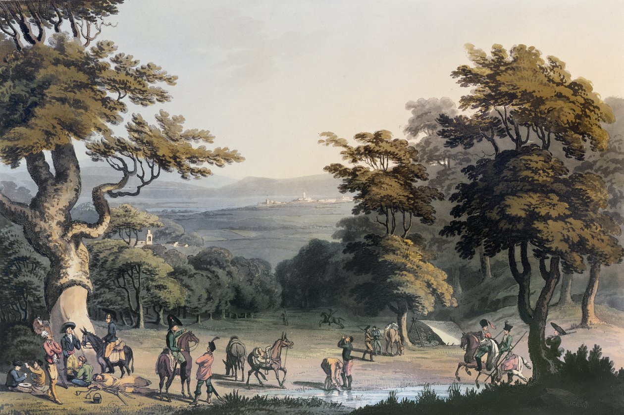 Eine entfernte Ansicht von Ciudad Rodrigo vom Eichenwald nahe dem Dorf Espeja, 1813 von Charles Turner