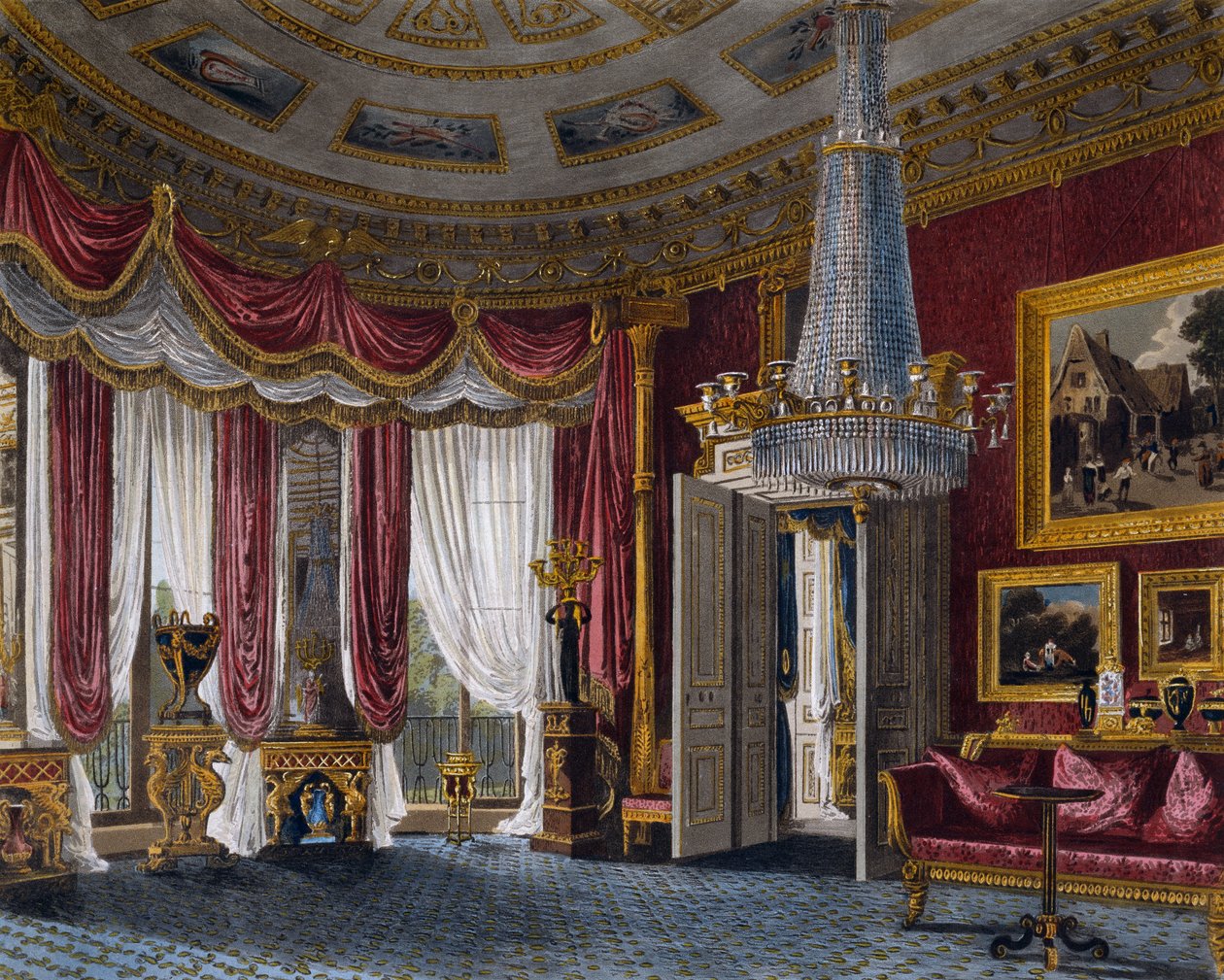 Rosa Satin-Salon, Gravur von Richard Reeve (geboren 1780), basierend auf einem Entwurf von Charles Wild (1781-1835), aus The History of the Royal Residences von Charles (after) Wild