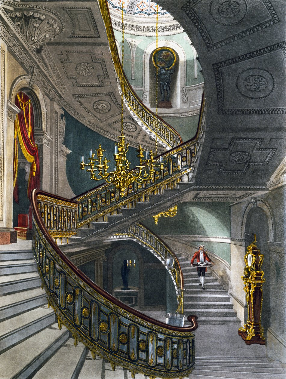 Treppe, Gravur von Richard Reeve nach einer Zeichnung von Charles Wild, aus The History of the Royal Residences von Charles (after) Wild