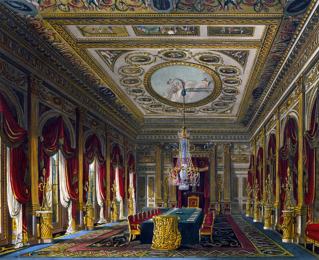 Thronsaal, Gravur von Thomas Sutherland, basierend auf einem Entwurf von Charles Wild, aus The History of the Royal Residences von Charles (after) Wild