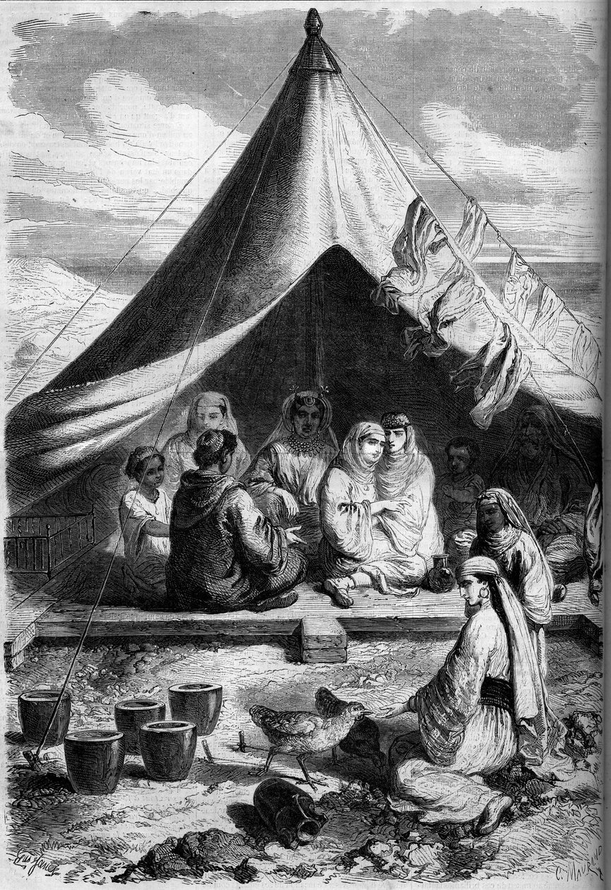 Jüdische Familie aus Marokko, die 1860 an der Küste von Gibraltar Zuflucht fand. Nach einer Skizze von Herrn Yriarte. Gravur in „Le Monde Illustré“ Nr. 146 vom 28. Januar 1860. von Charles (after) Yriarte