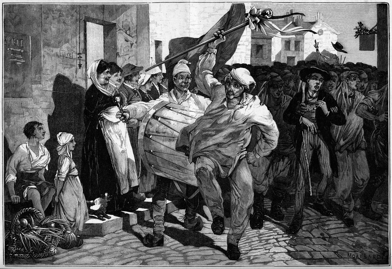 Militärdienst: die Auslosung in Burgund, Wehrpflichtige in der Nähe von Mâcon. Gravur von Montbart in „Die illustre Welt“ Nr. 1299 vom 18. Februar 1882 von Charles Auguste Loye