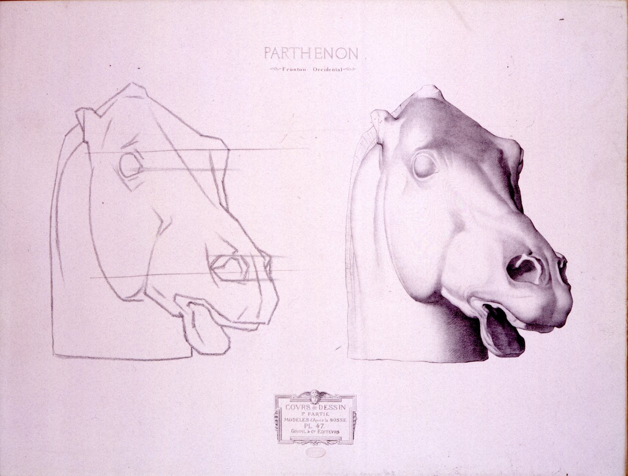 Pferdekopf vom Westgiebel des Parthenon, Tafel 47 aus Cours de Dessin, ca. 1898 von Charles Bargue