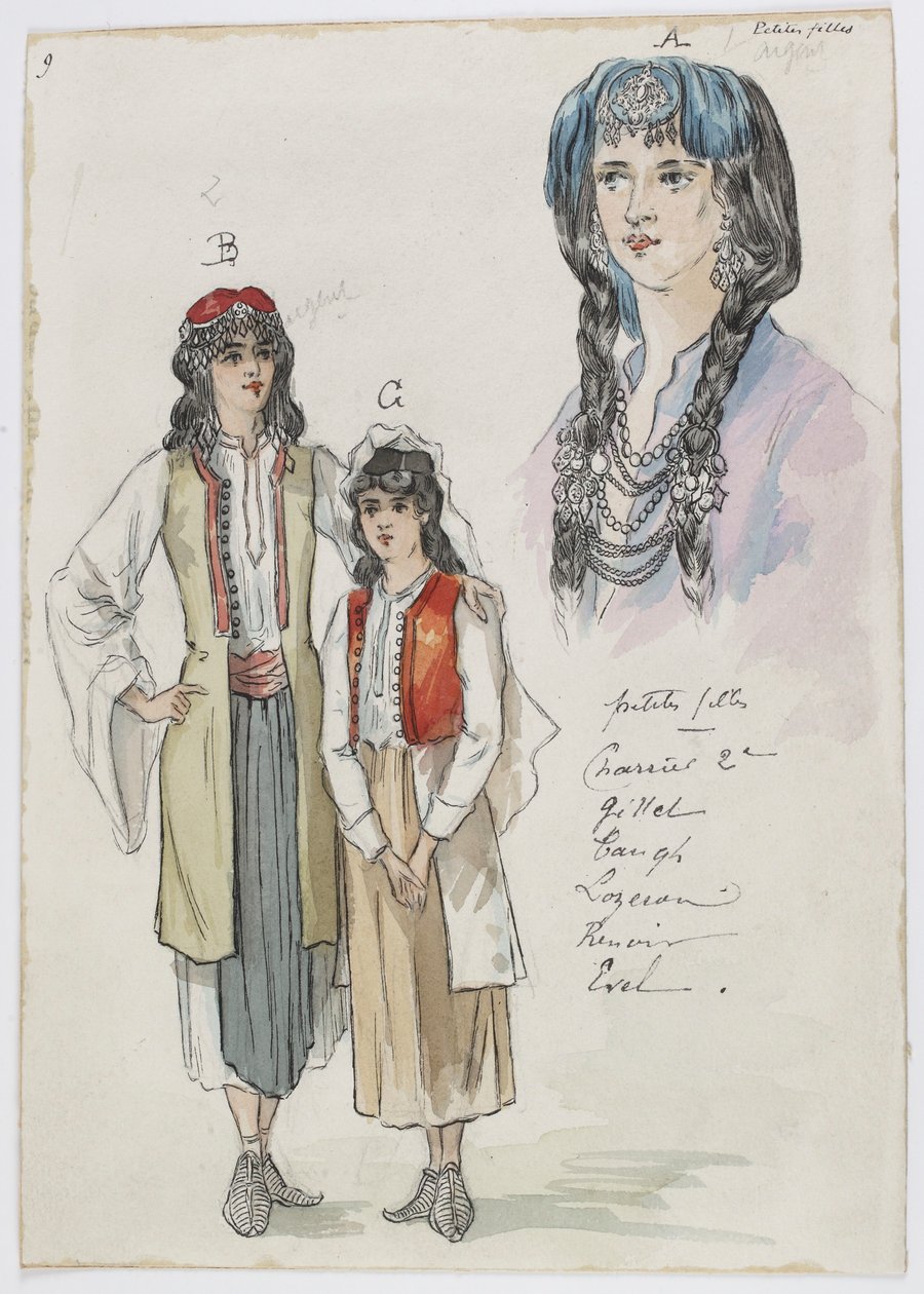 Holmès - La montagne noire - Kostümentwürfe von Charles Bianchini - 09. Kleine Mädchen. Mlles Charrier 2e, Gillet, Taugh ?, Lozeran, Renoir, Evel von Charles Bianchini