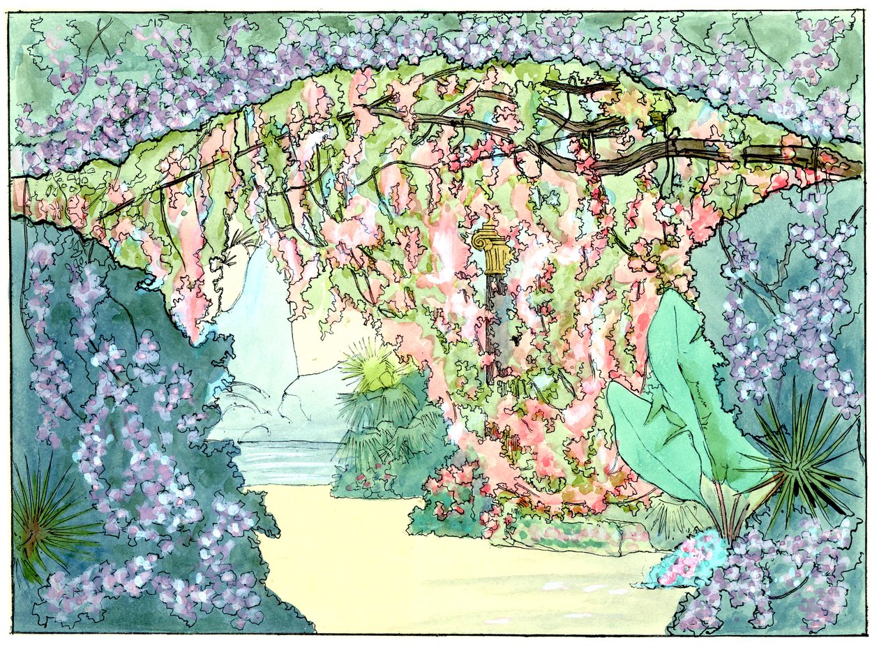 Massenet - Esclarmonde - Dekor von Charles Bianchini - 2. Akt, 1. Szene, Rosenvorhang senkt sich - Zeichnung von G. Stein, 1889 (b) von Charles Bianchini