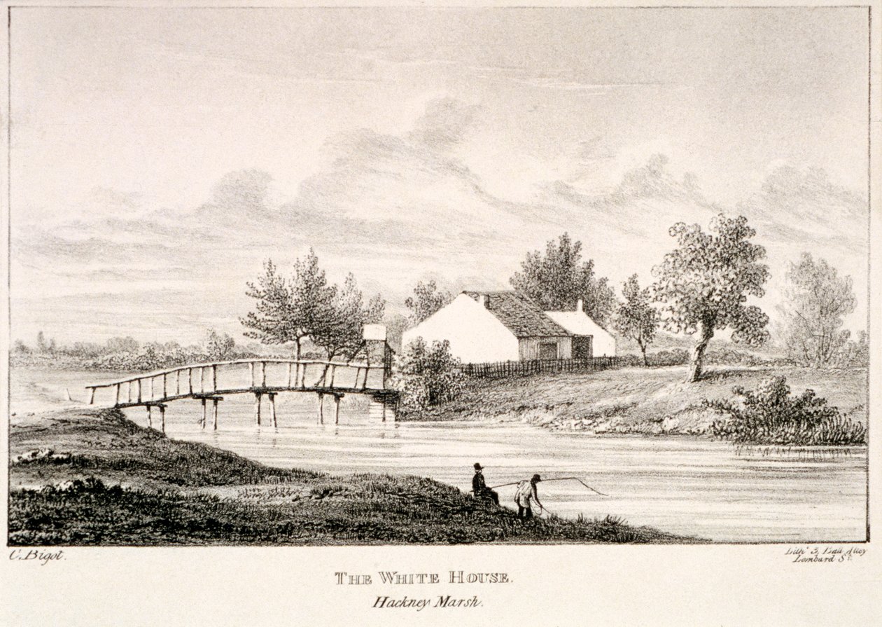 Das Weiße Haus am Ufer des River Lea, Hackney Marsh, London, um 1830 von Charles Bigot