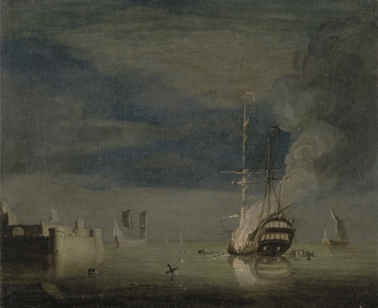 Ein Zweidecker in der Nacht vor einer Festung in Brand, ca. 1740 von Charles Brooking