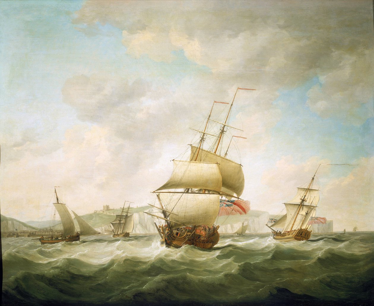 Handelsschiff und königliche Yacht im Wind vor der Küste von Dover, um 1750 von Charles Brooking