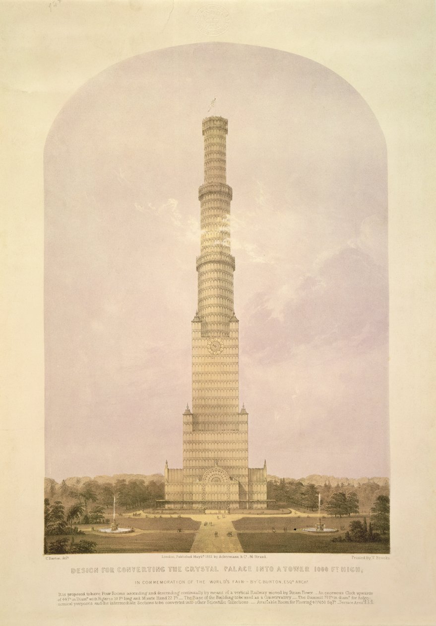 Entwurf zur Umwandlung des Kristallpalastes in einen 1000 Fuß hohen Turm, veröffentlicht von Ackermann und Co., 1852 von Charles Burton