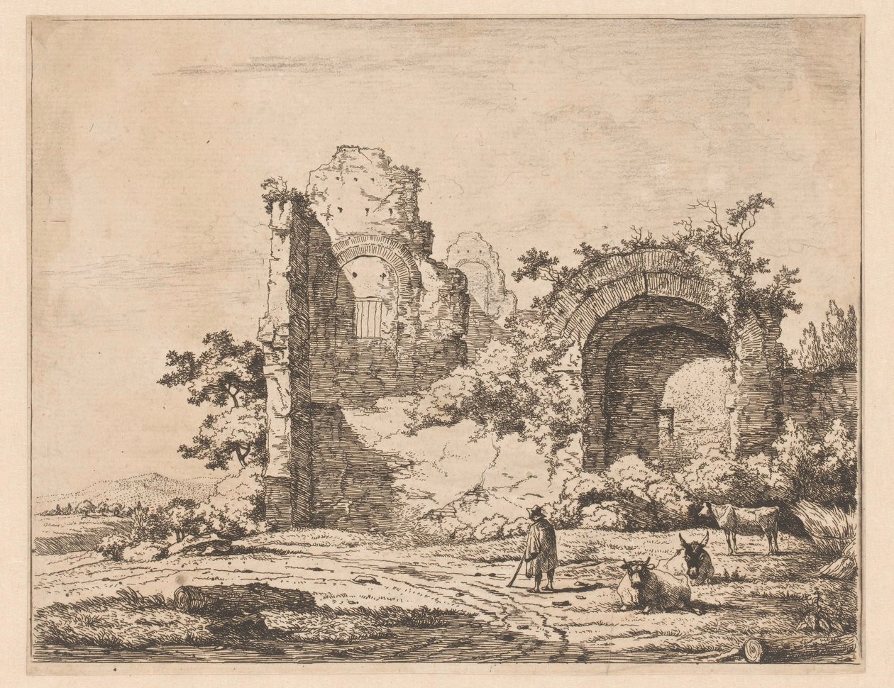 Landschaft mit Ruine und Hirte (Drucke mit Ruinen in Landschaften) von Charles Echard (attributed to)
