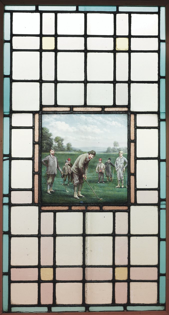 Ein spätviktorianisches Bleiglasfenster mit den Golfern von Charles Edmund Brock