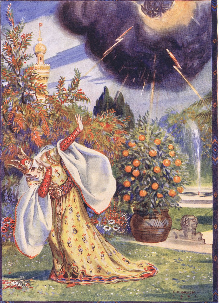 Eine dicke Wolke erschien, aus der Blitze hervorschossen, Szene aus Sucna Murga in Kindererzählungen aus rumänischen Legenden von Moses Gaster von Charles Edmund Brock