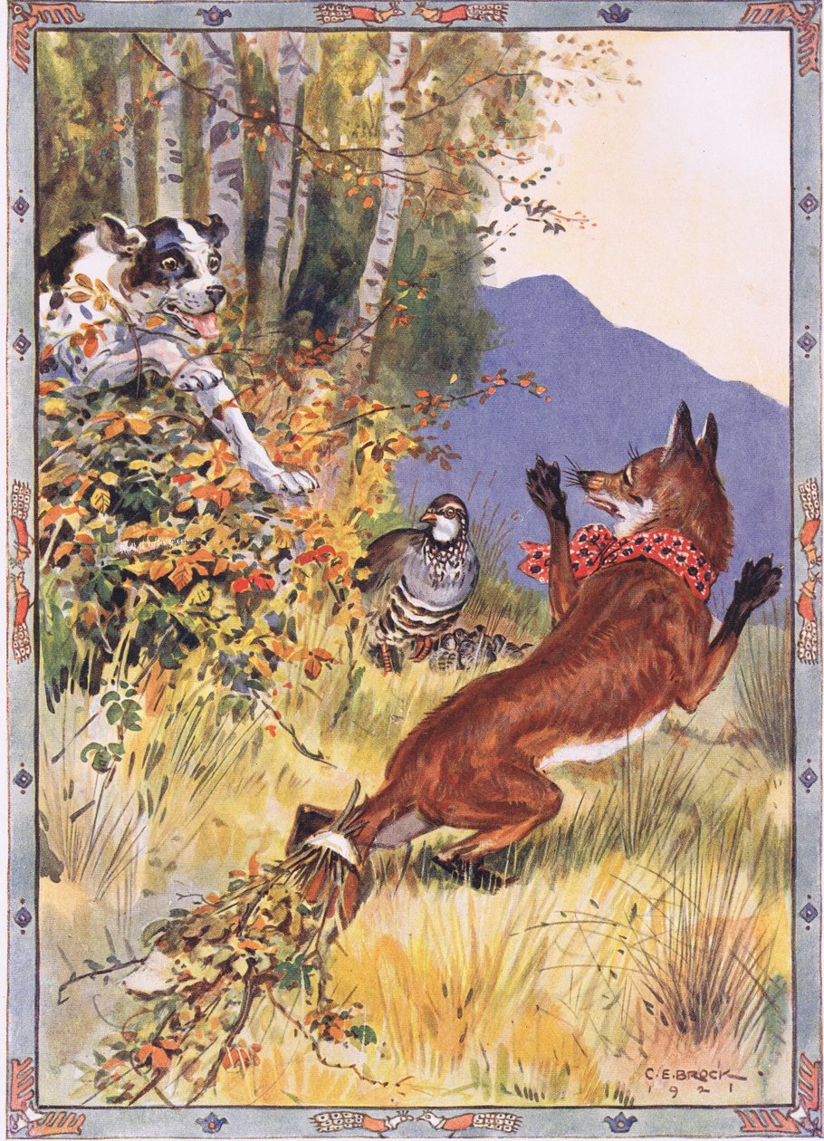 Aus den Büschen sprang der Hund, Szene aus Die Geschichte von der Rebhuhn, dem Fuchs und dem Hund in Kindererzählungen aus rumänischen Legenden von Moses Gaster von Charles Edmund Brock