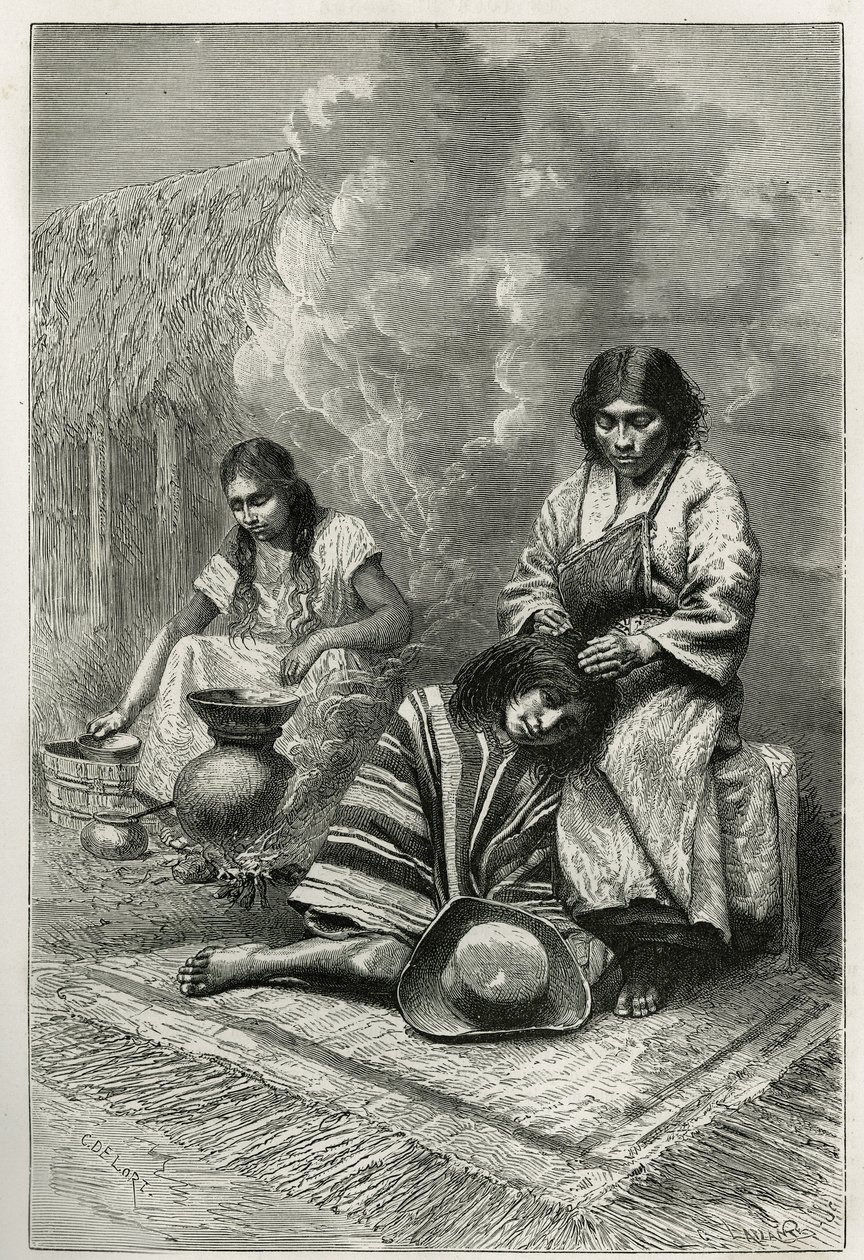 Die Verwöhnung eines Kindes durch seine Mutter und die Herstellung von Zuckerrohrschnaps (Rum), nahe Cali (Cauca-Tal, Kolumbien), Gravur von Ch. Delort, zur Illustration der Geschichte von Equinoxiale Amerika von E. Andre, eine Missionsaufgabe der französi von Charles Edouard Delort