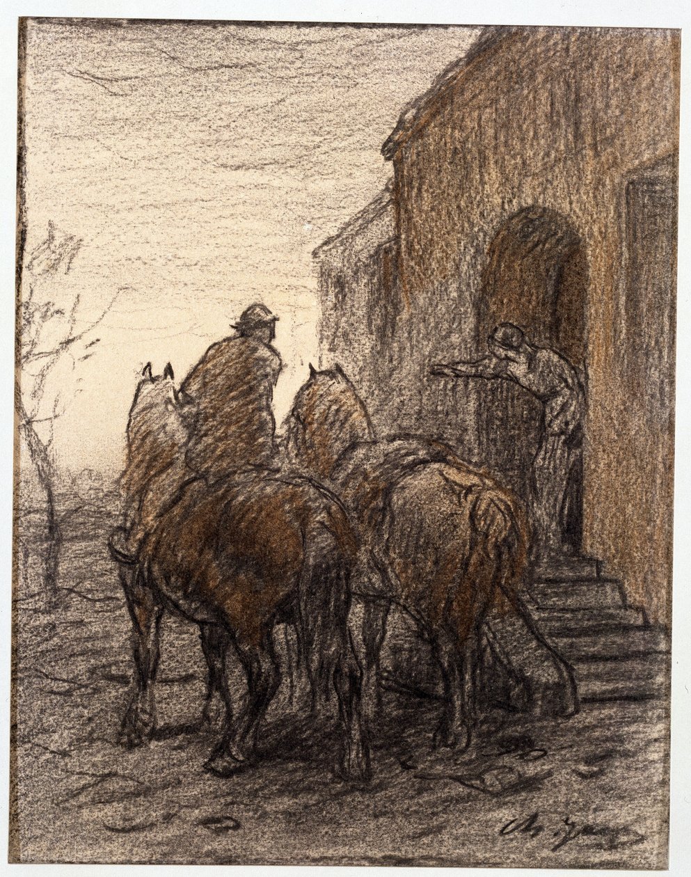 Bauer mit zwei Pferden und eine Frau, die den Weg weist von Charles Emile Jacque