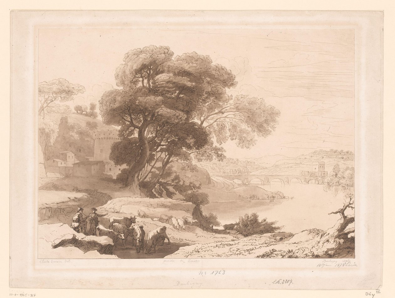 Landschaft mit Hirten und Vieh am Flussufer von Charles Francois Daubigny