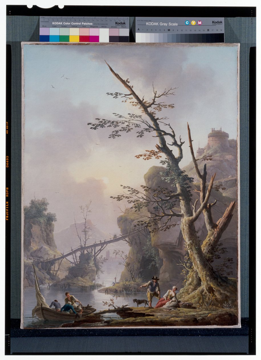 Flusslandschaft mit Fischern, die ihre Netze einholen von Charles François Grenier de Lacroix