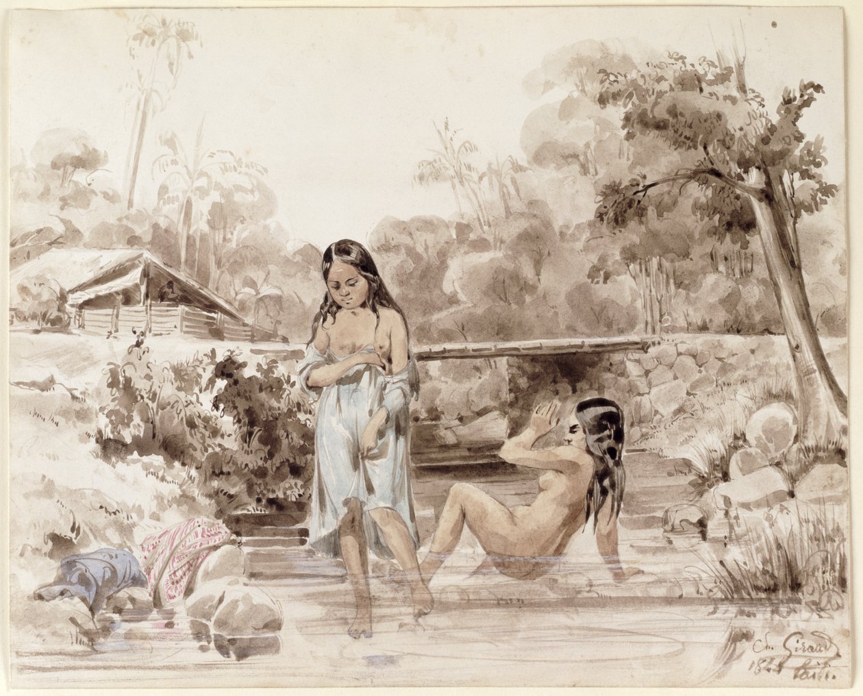 Badeende Tahitianer, 1844 von Charles Giraud