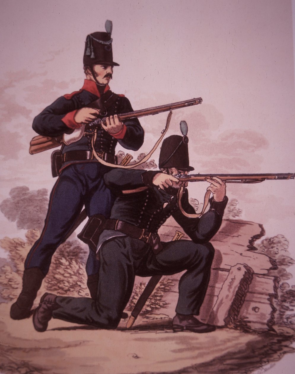 Britische Armee-Schützen des frühen 19. Jahrhunderts: Soldat des 60. Royal American Foot stehend und Soldat des 95. Schützenregiments kniend von Charles Hamilton (after) Smith