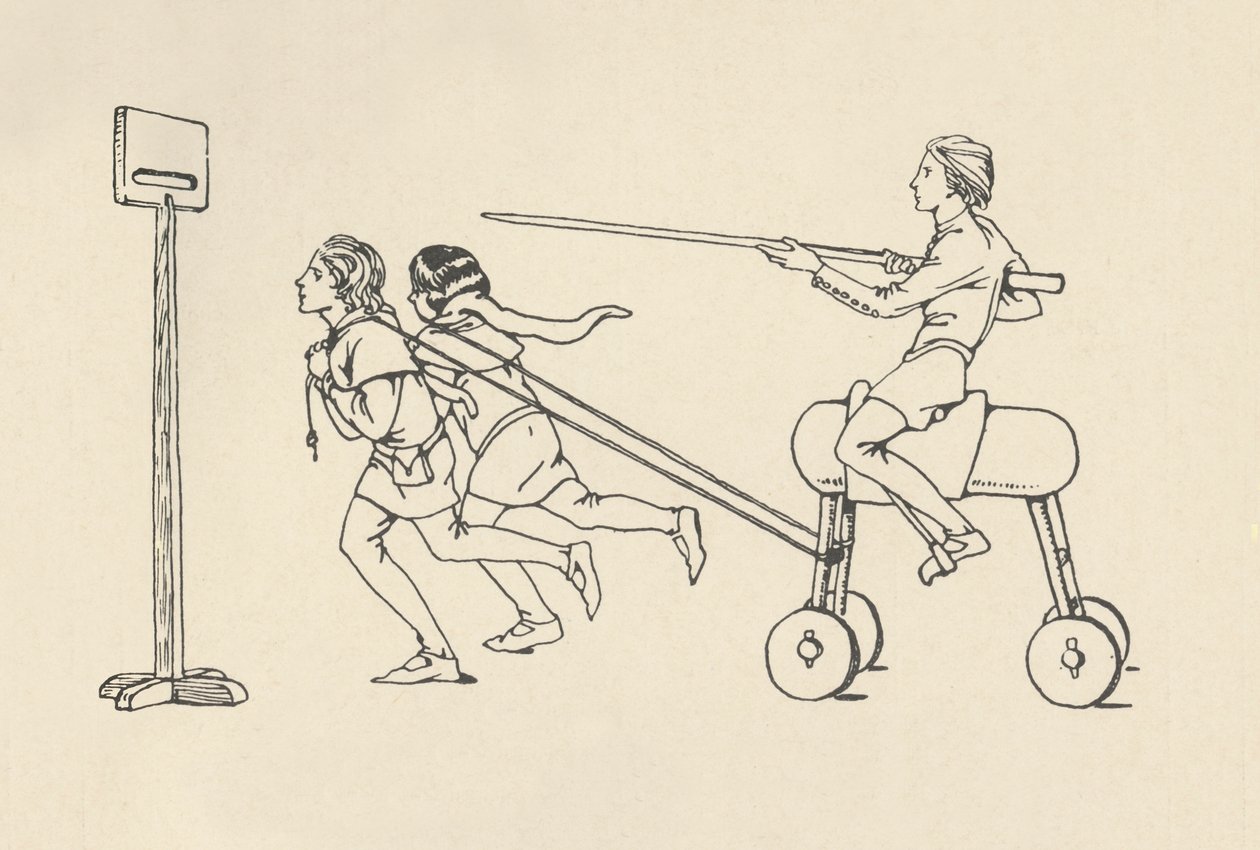 Jungen spielen beim Reiten auf der Quintain Romanze von Alexander, um 1340. Bodleian, 1931 von Charles Henry Bourne Quennell