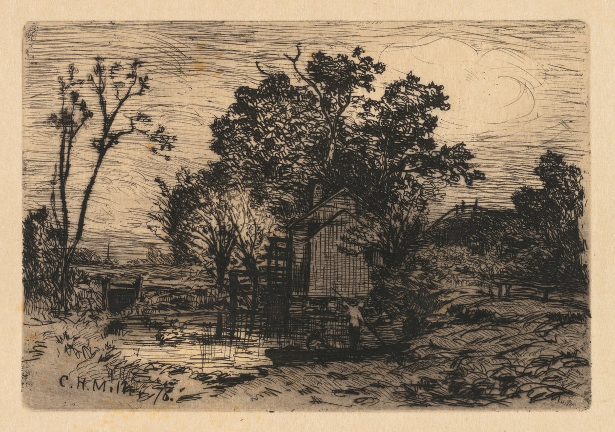 Hütte und zwei Figuren in einem Boot von Charles Henry Miller