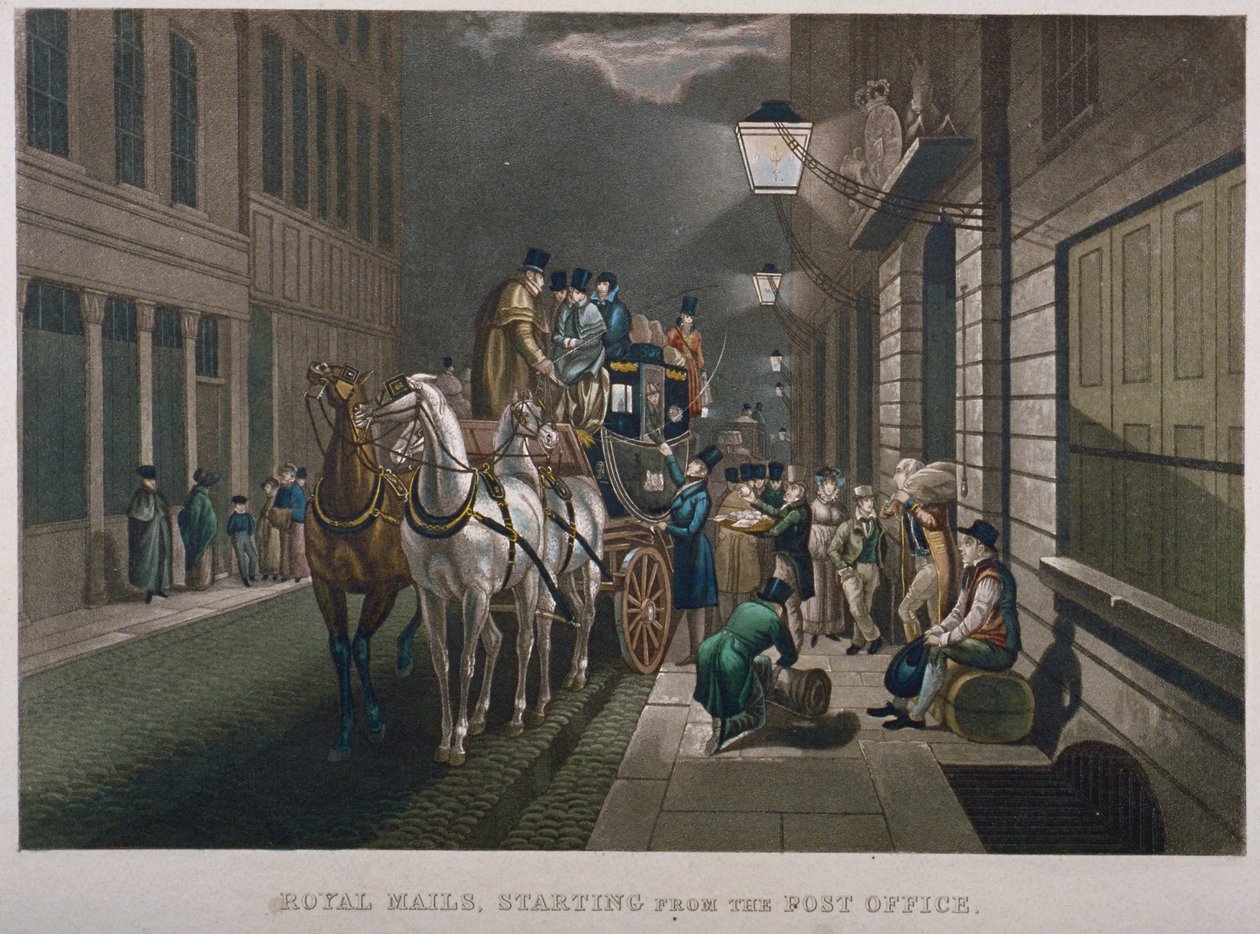 Postkutsche vor dem Hauptpostamt, Lombard Street, City of London, 1827 von Charles Hunt