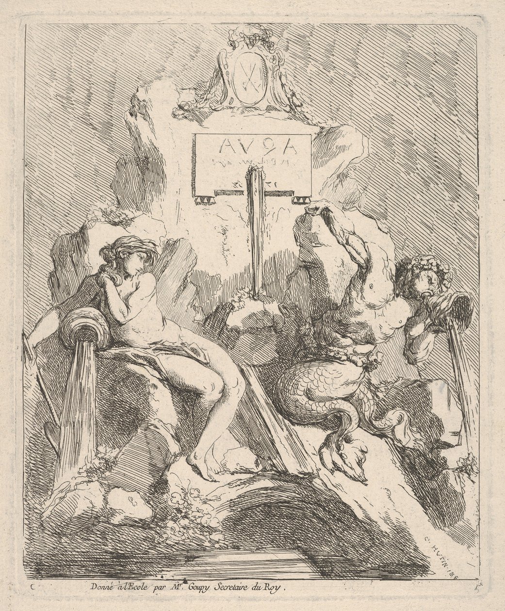Entwurf für einen Brunnen mit einer sitzenden Nymphe links und einem Triton, der eine Muschel an seinen Mund hält, 1768 von Charles Hutin