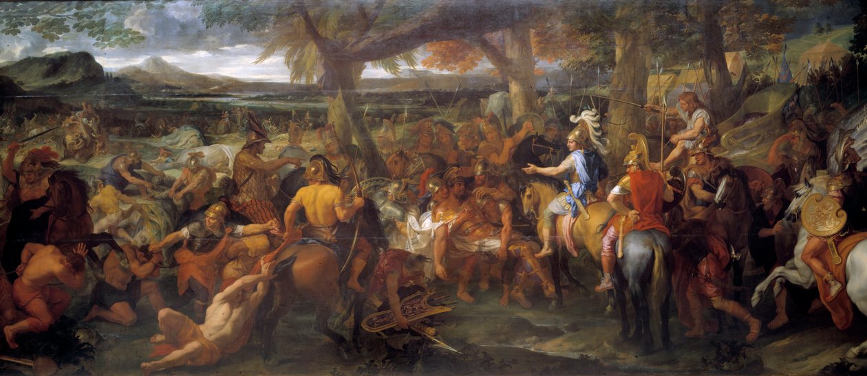 Alexander und Porus. 327 v. Chr. setzte Alexander der Große seine Eroberung in Richtung Industal fort. 326 v. Chr. besiegte er Puru (oder Poros, König des Paurava-Stammes im 4. Jahrhundert v. Chr.) und seine Armee von Kriegselefanten in der Schlacht am Hyd von Charles Le Brun