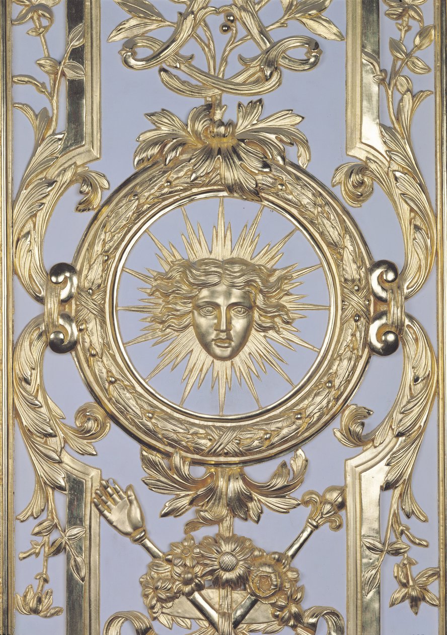 Detail der Wandverkleidung, die das Emblem von Ludwig XIV. 1638-1715 darstellt, aus dem Salon de Venus, 1668 von Charles Le Brun