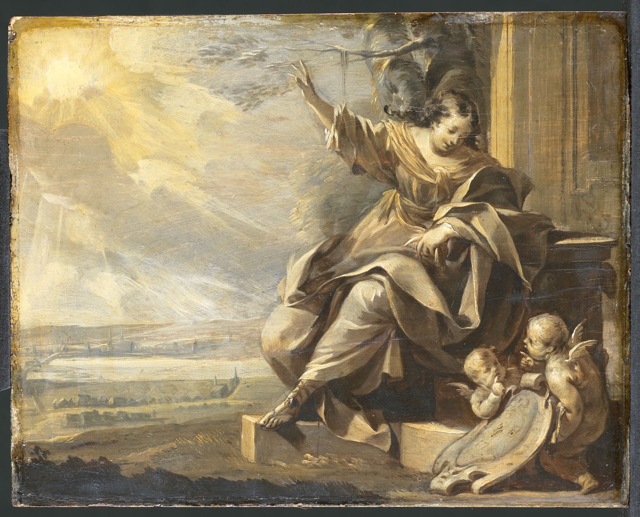 Sitzende weibliche Figur mit zwei Putten und Flusslandschaft, Grisaille von Charles Le Brun
