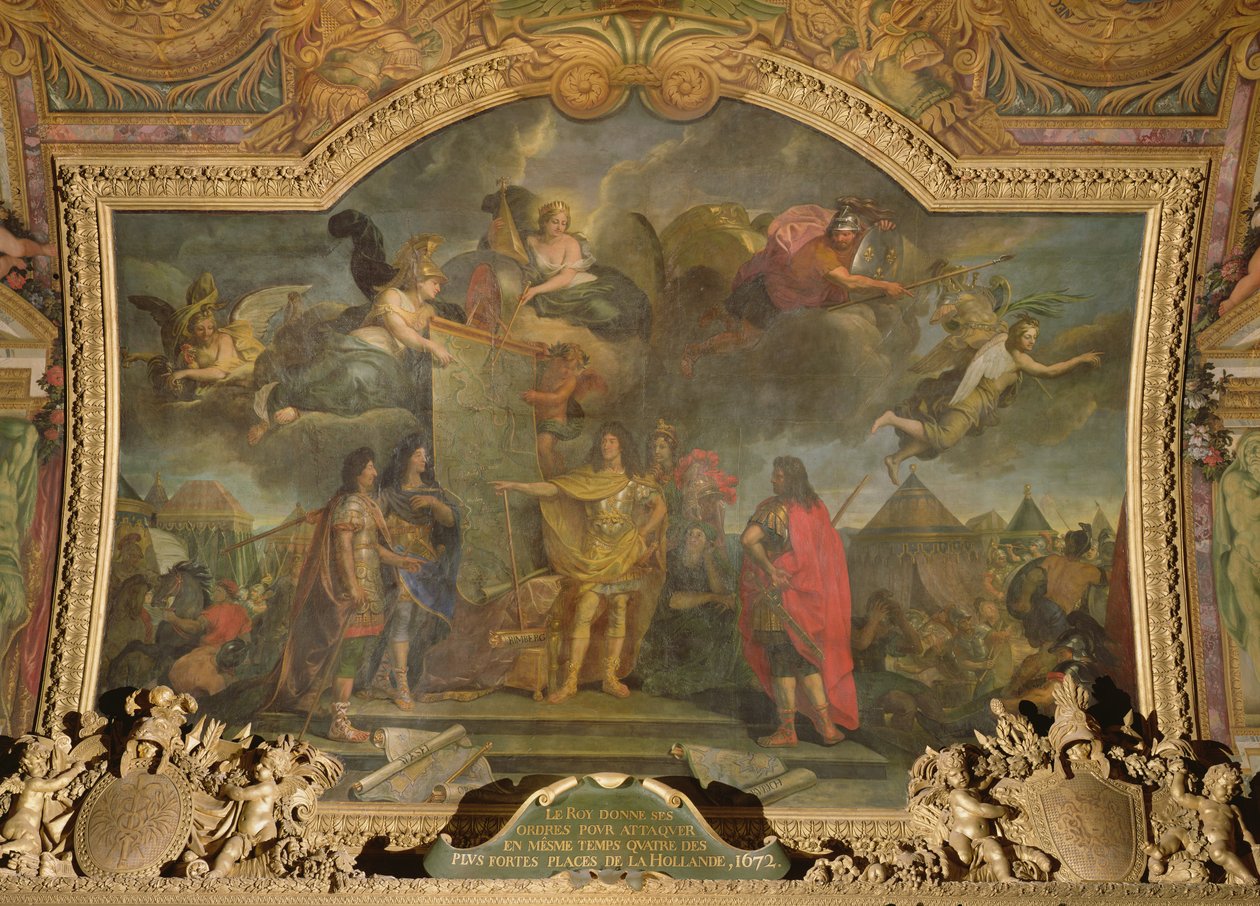 König Ludwig XIV. (1638-1715) gibt den Befehl, gleichzeitig vier der stärksten niederländischen Positionen anzugreifen, Deckenmalerei aus der Galerie des Glaces von Charles Le Brun