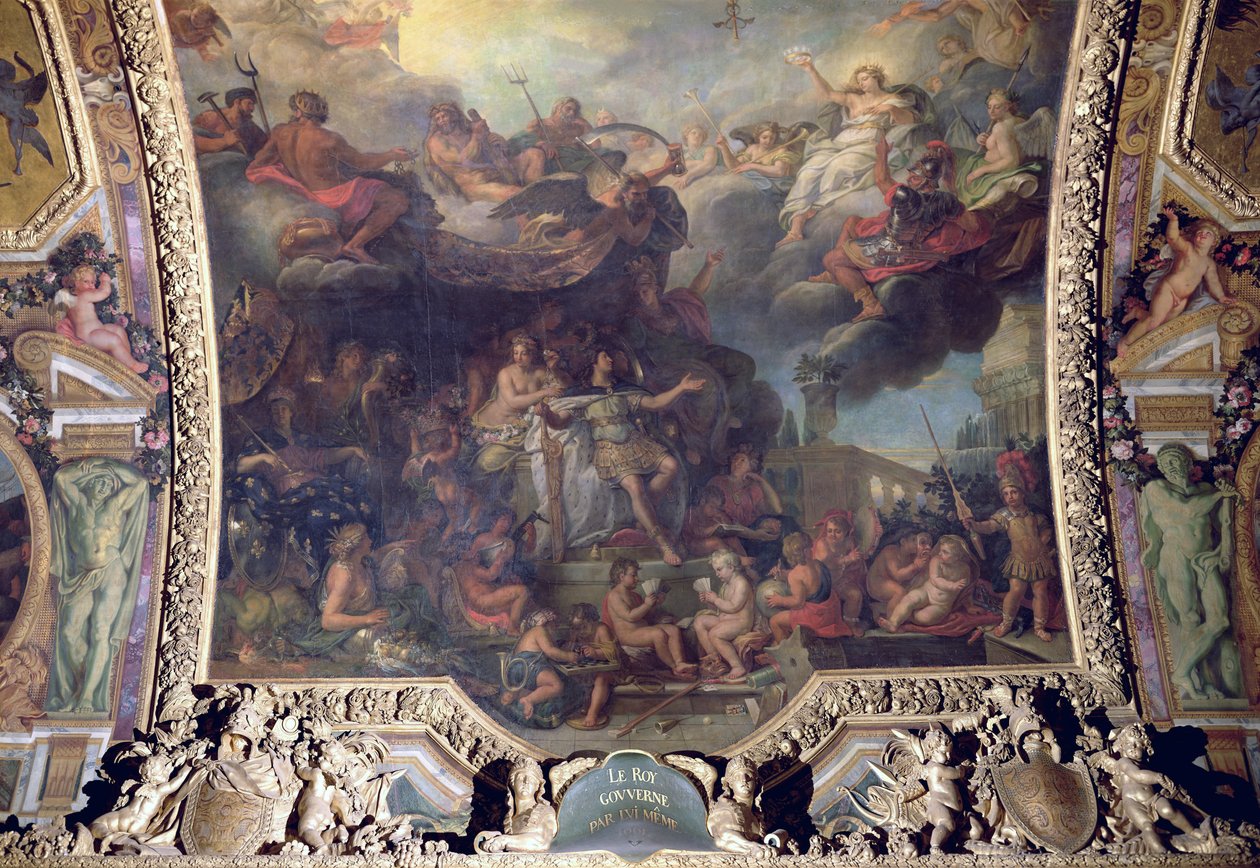 König Ludwig XIV. (1638-1715) regiert allein im Jahr 1661, Deckenmalerei aus der Galerie des Glaces von Charles Le Brun
