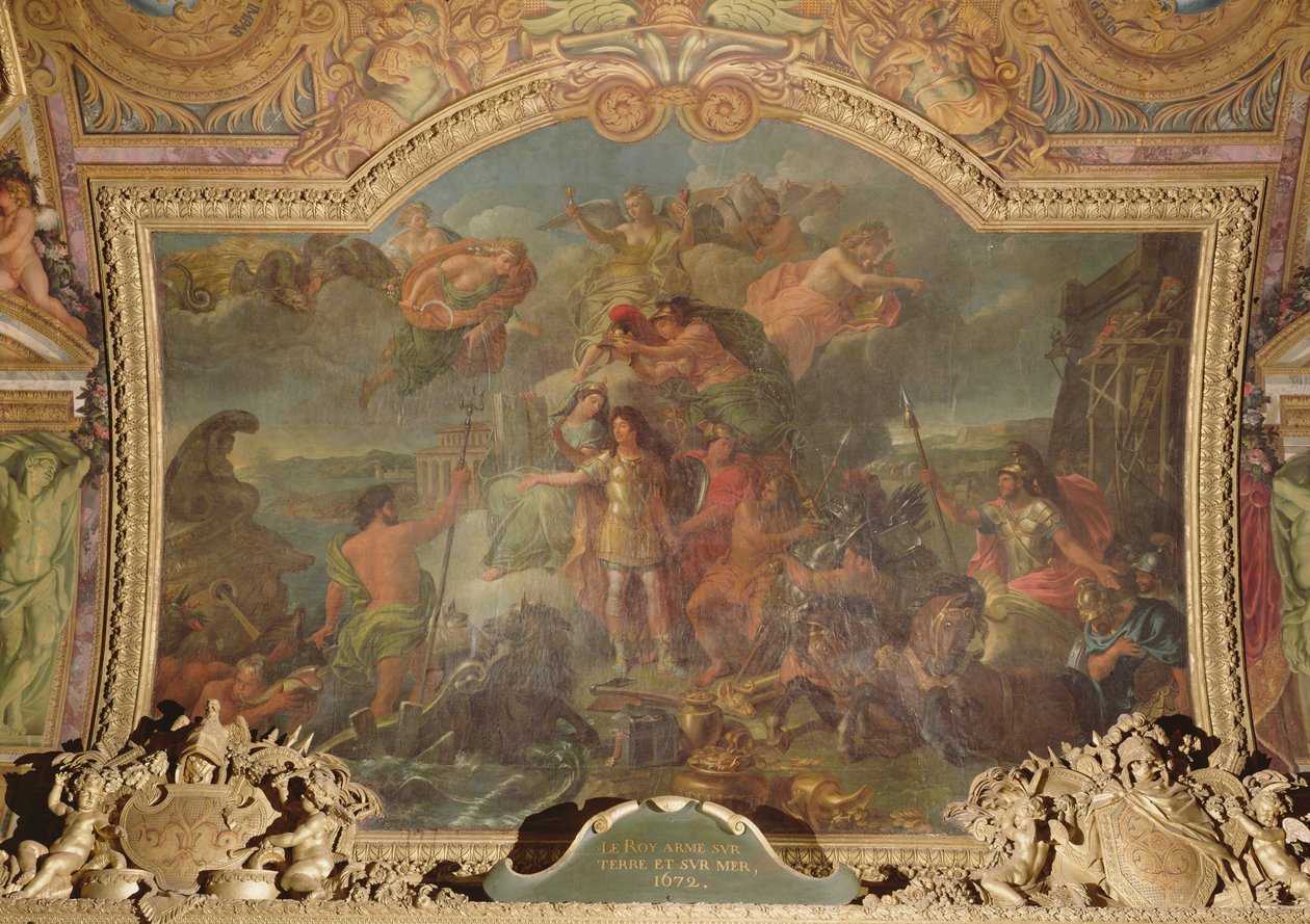 König Ludwig XIV. (1638-1715) rüstet sich zu Land und zu Wasser im Jahr 1672, Deckenmalerei aus der Galerie des Glaces von Charles Le Brun