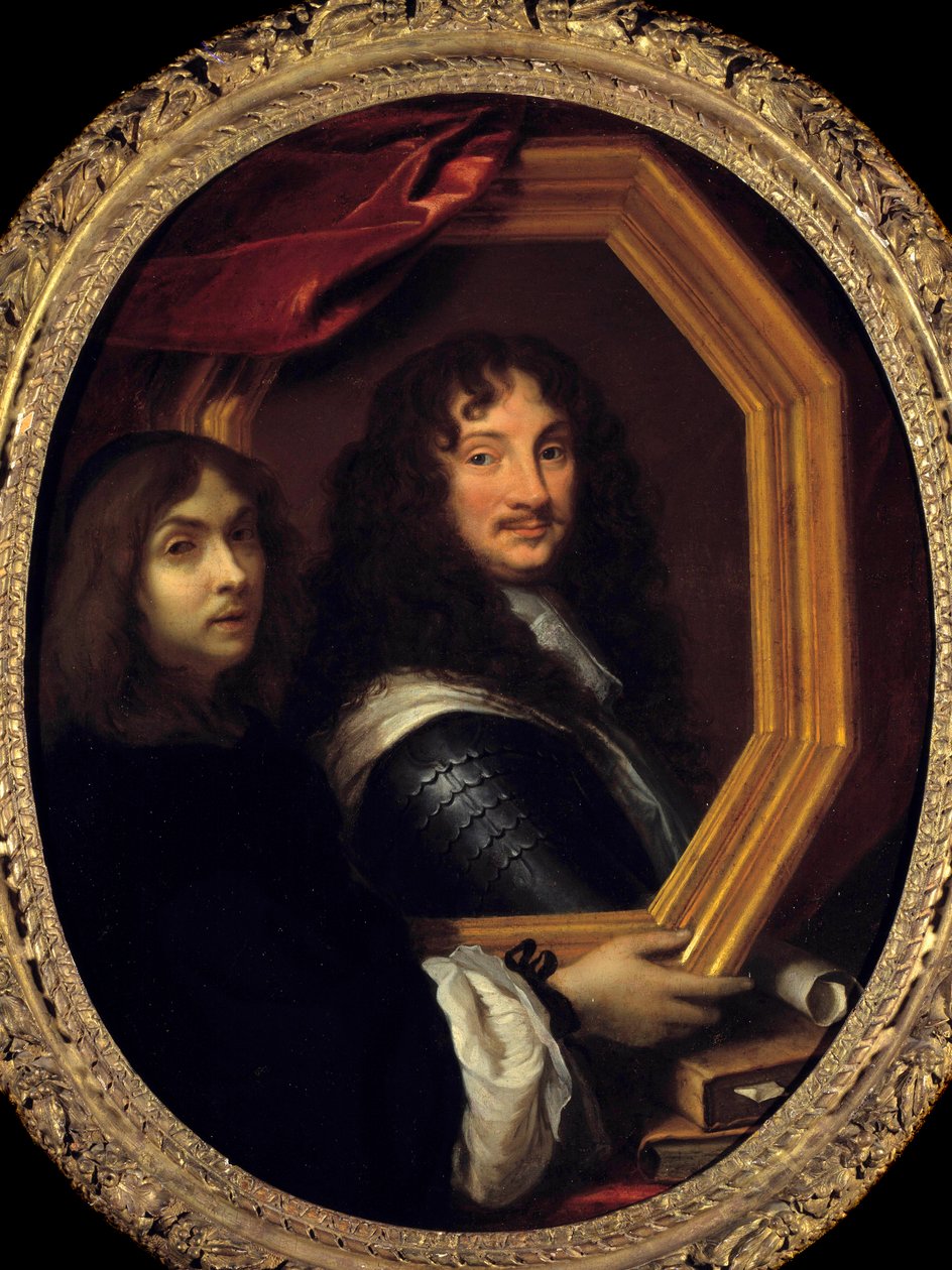 Porträt des Künstlers (oder Selbstporträt) mit dem Porträt eines Militärs. Gemälde von Charles Lebrun von Charles Le Brun