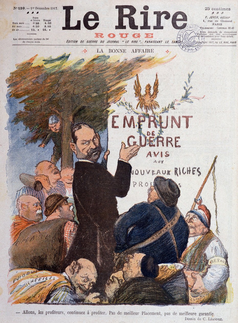 Erster Weltkrieg (1914-1918): Karikatur über die Förderung des Kriegskredits, Einkommensquelle für Profiteure, die durch den Handel mit Kohle, Munition und Vieh bereichert wurden - Zeichnung von Charles Léandre (1862-1934), für das Cover von Le Rire Rouge von Charles Leandre