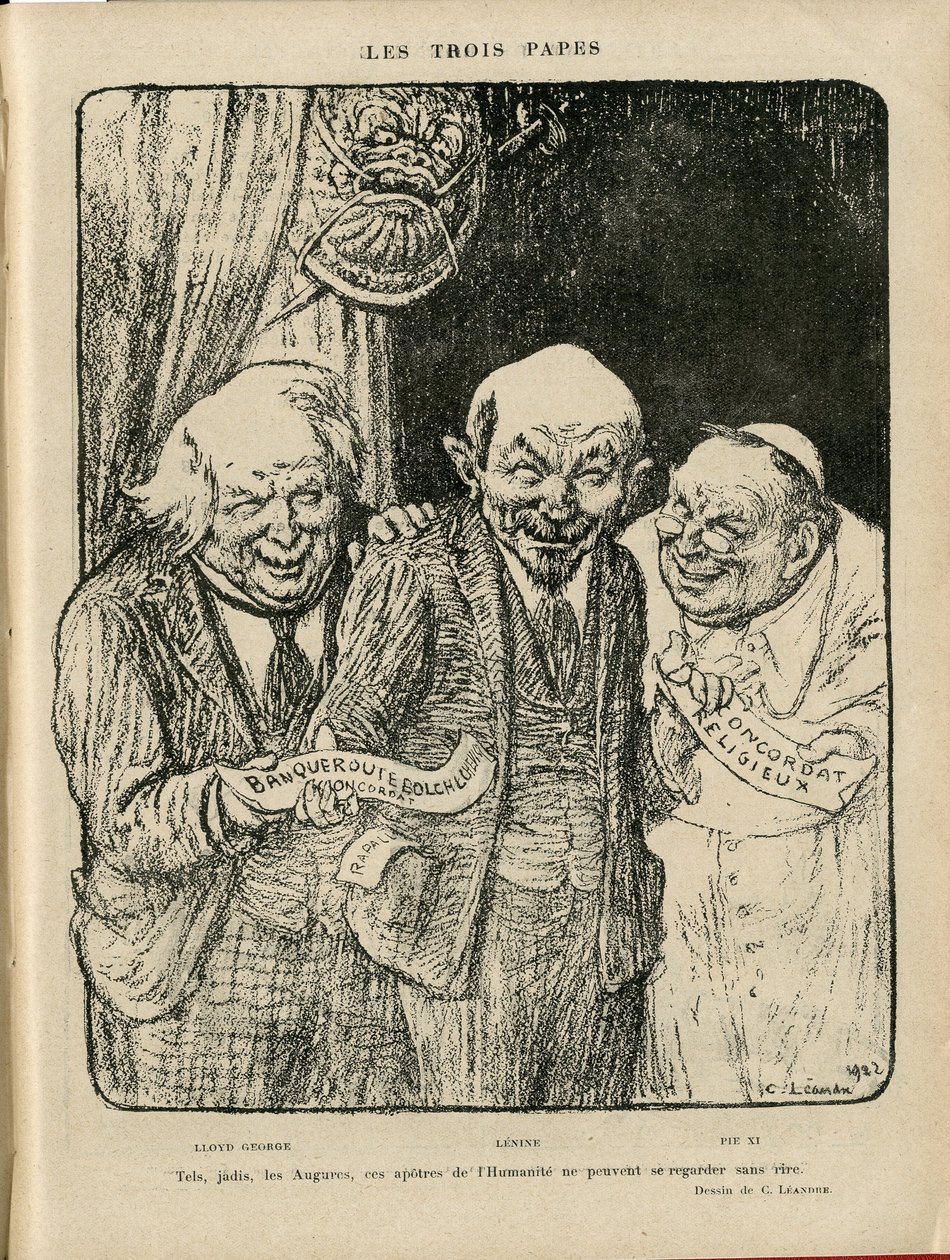 Illustration von Charles Leandre (1862-1934) in Le Rire, 03/06/22 - Die drei Päpste - England Großbritannien, U.S.R., Verifier dates, Reichstag - Lenin, Lloyd George, Pius XI von Charles Leandre