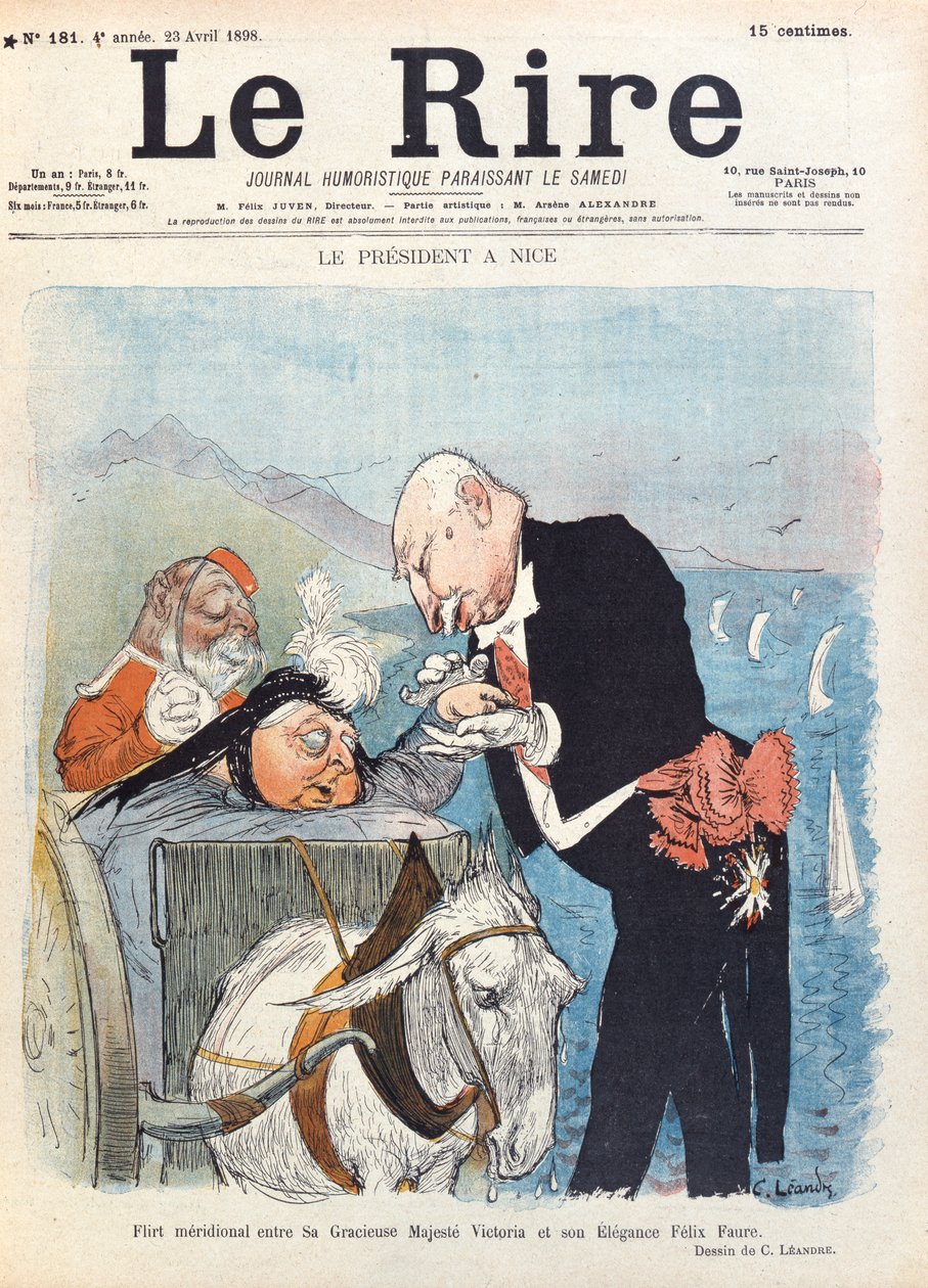 Königin Victoria (1819-1901) flirtet mit Präsident Felix Faure (1841-99) während ihres Urlaubs in Nizza, Titelblatt der Zeitschrift 