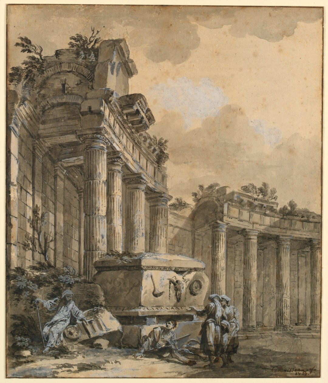 Zeichnung, Figuren in der Nähe einer zerstörten Kolonnade, 1761 von Charles Louis Clerisseau